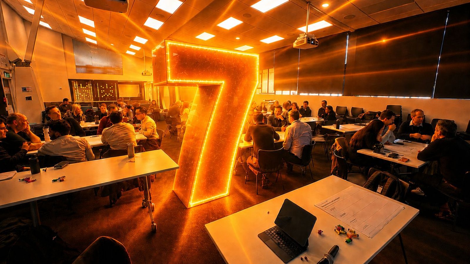 Workshop room at Air New Zealand with a large illuminated number 7